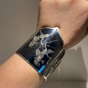 RARE Vintage Nielloware Siam Sterling Silver Paneled Cuff